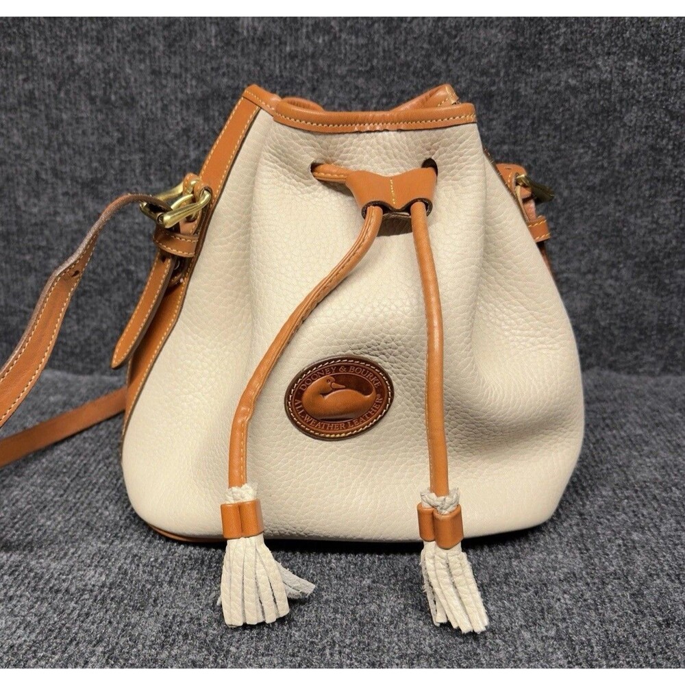 Vintage Dooney & Bourke All-Weather Leather Bucket Bag White Tan with Strap USA